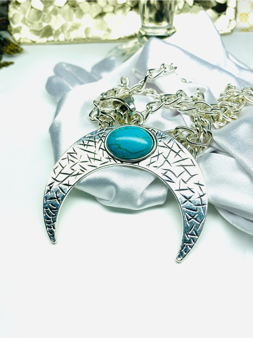 Silver Crescent Necklace with Turquoise Stone - Women Jewelry